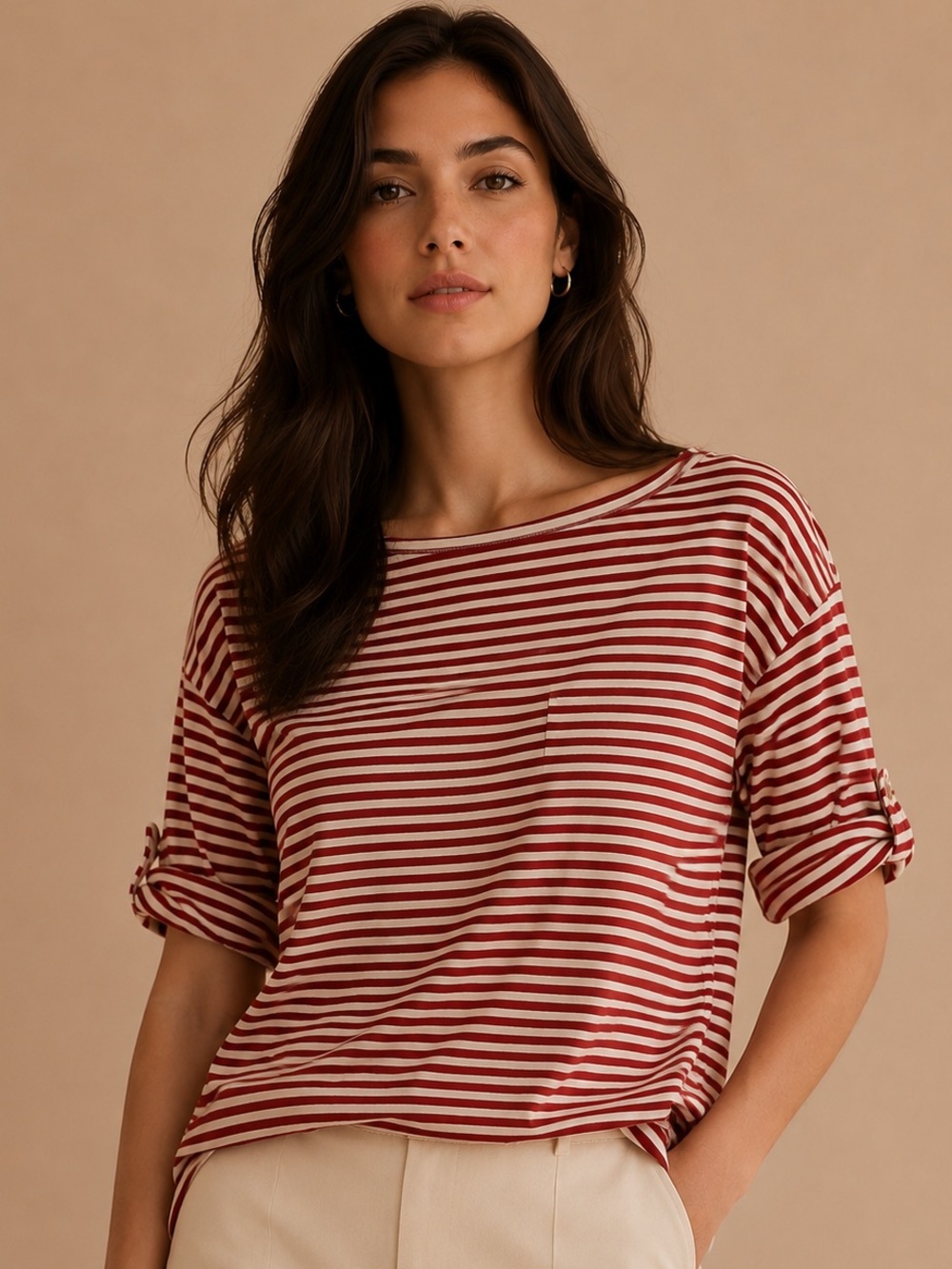 Croft & Barrow Red White Striped Pocket Tee Women’s Large